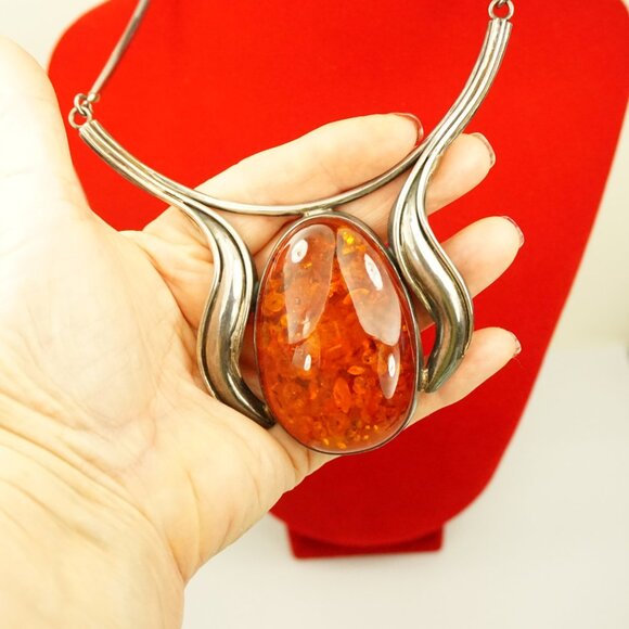 Giant Amber Link Necklace Set In 925 Silver - One-Of-A-Kind Artisan Jewelry - Picture 4 of 14